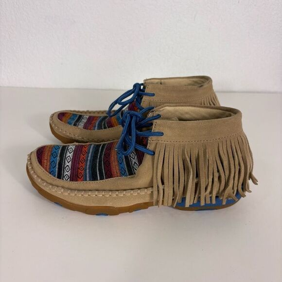 Twisted X Boots Tan Leather Fringe Moccasin Colorful Aztec Print Shoes Size 6 - Picture 2 of 10